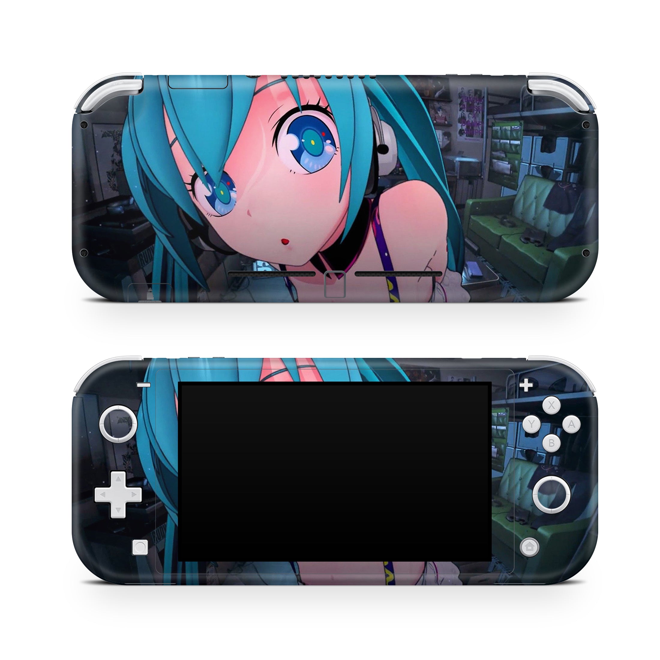 A video game skin featuring a Azure Heroine design for the Nintendo Switch Lite.