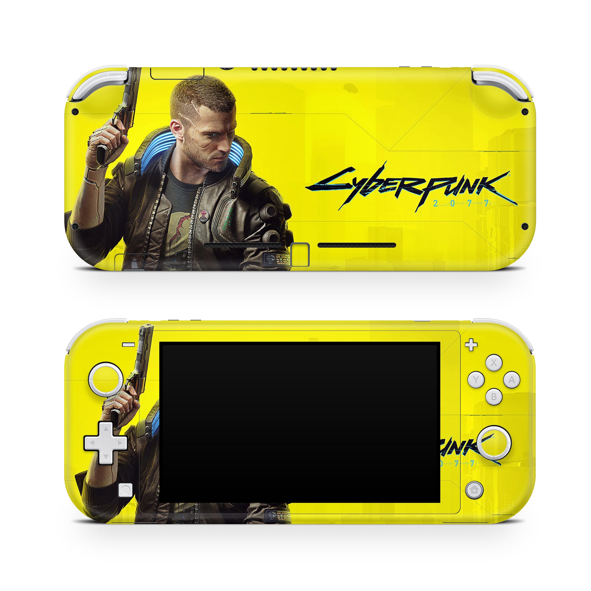 A video game skin featuring a Futuristic Outlaw 2077 design for the Nintendo Switch Lite.