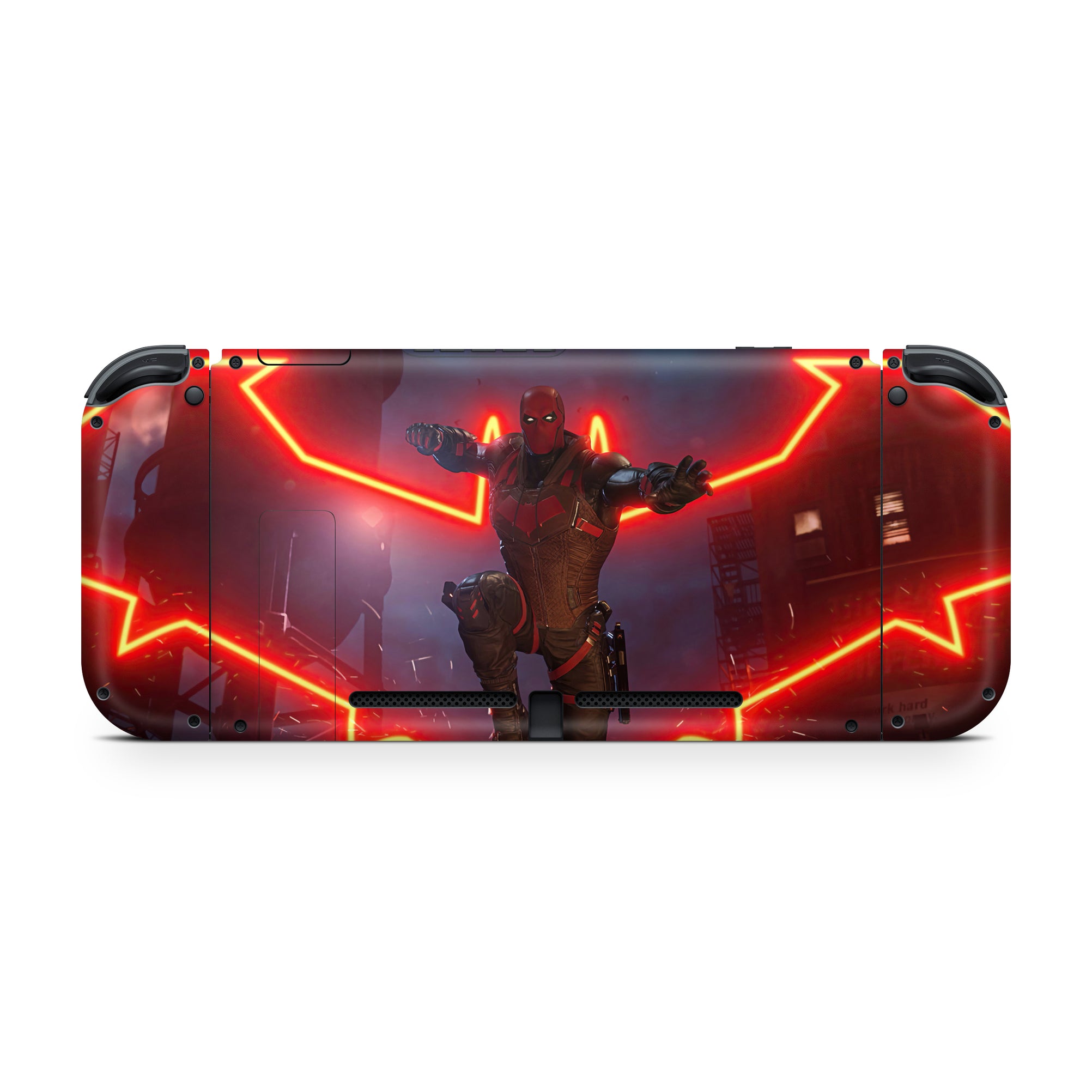 A video game skin featuring a Vigilante Enforcer 2 design for the Nintendo Switch OLED.