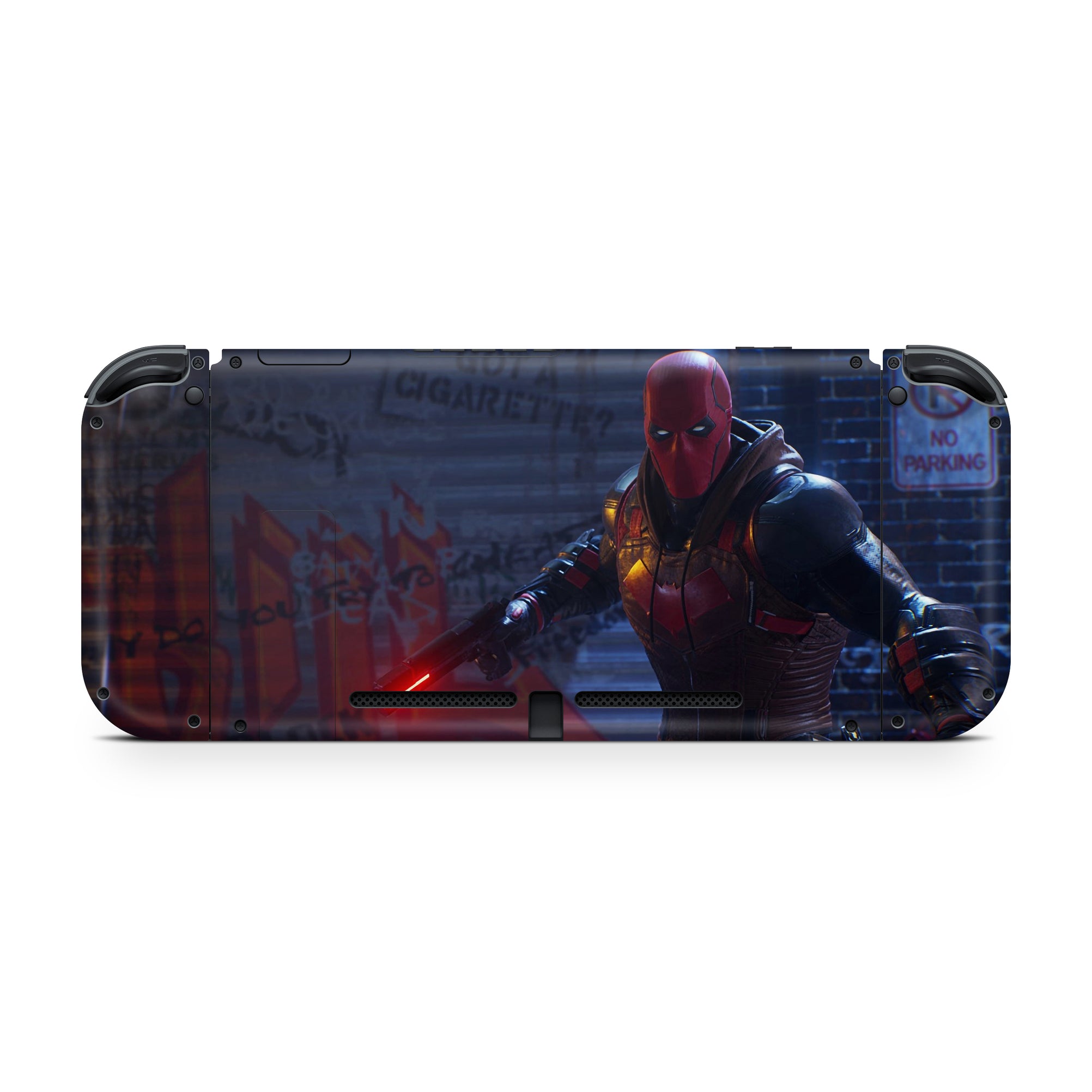 A video game skin featuring a Vigilante Enforcer 6 design for the Nintendo Switch OLED.