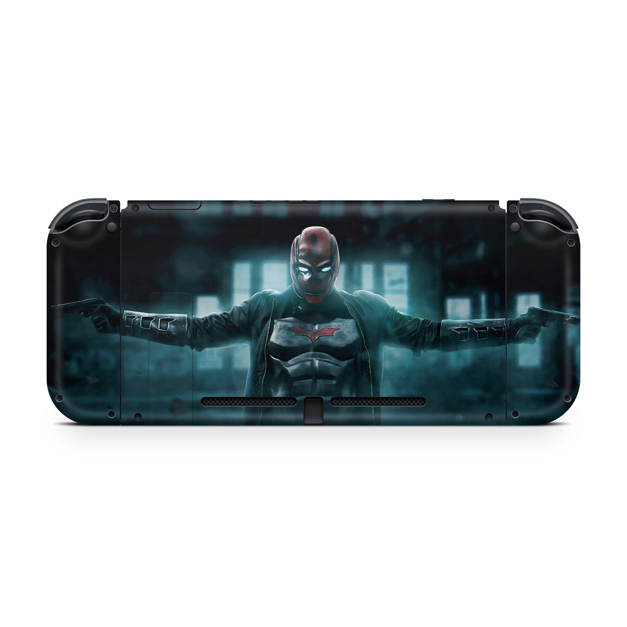 A video game skin featuring a Vigilante Enforcer 7 design for the Nintendo Switch OLED.