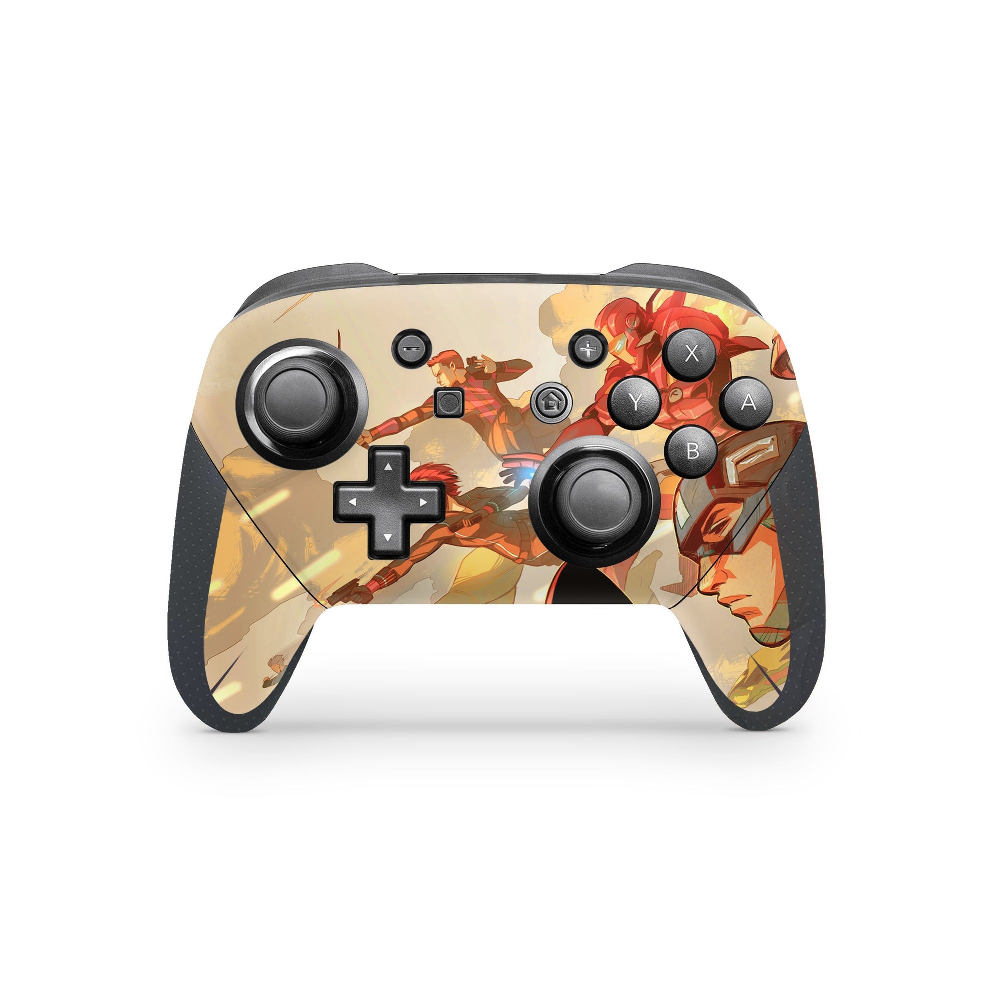 A video game skin featuring a Earth's Mightiest Heroes 3 design for the Nintendo Switch Pro Controller.