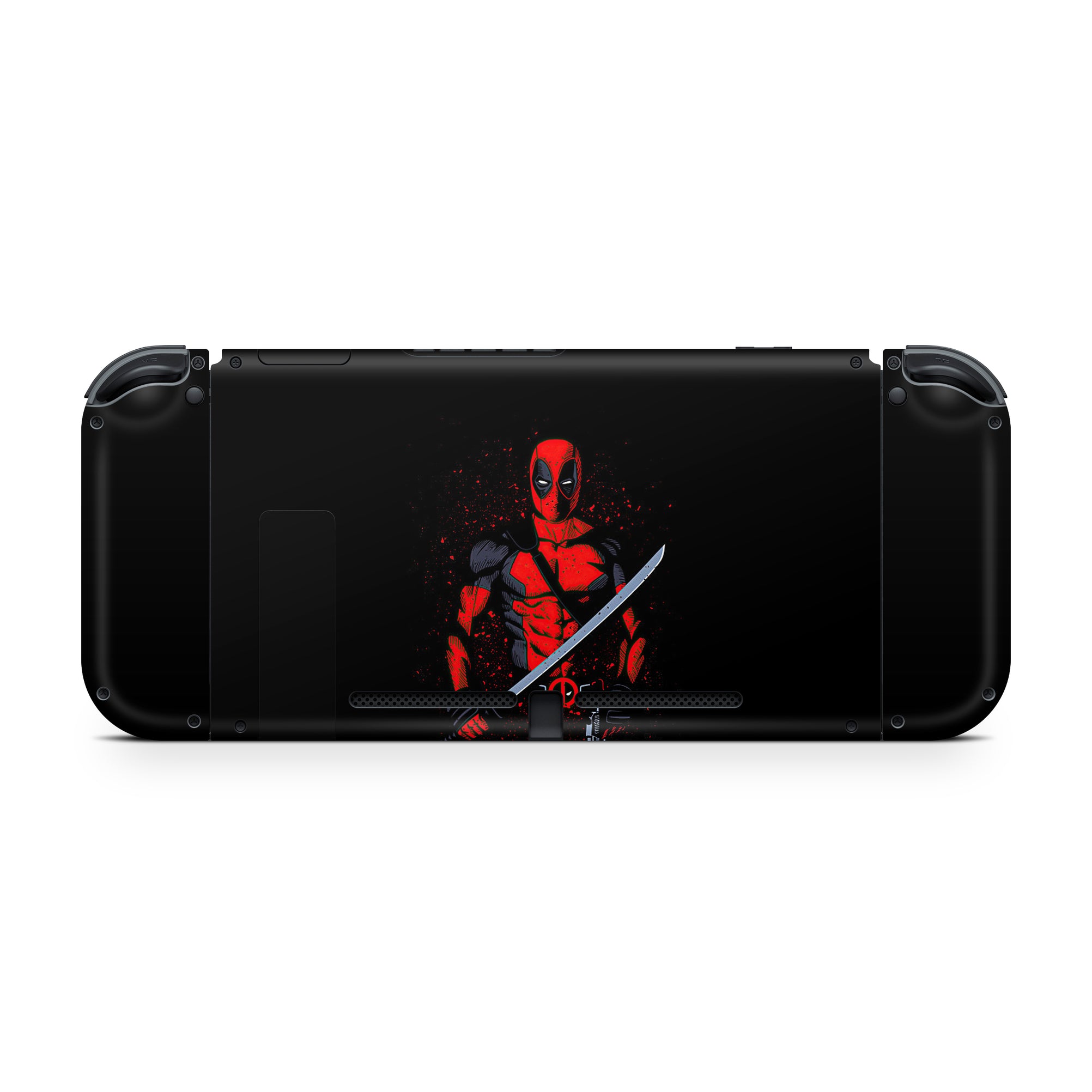 A video game skin featuring a Wisecracking Mercenary 6 design for the Nintendo Switch OLED.