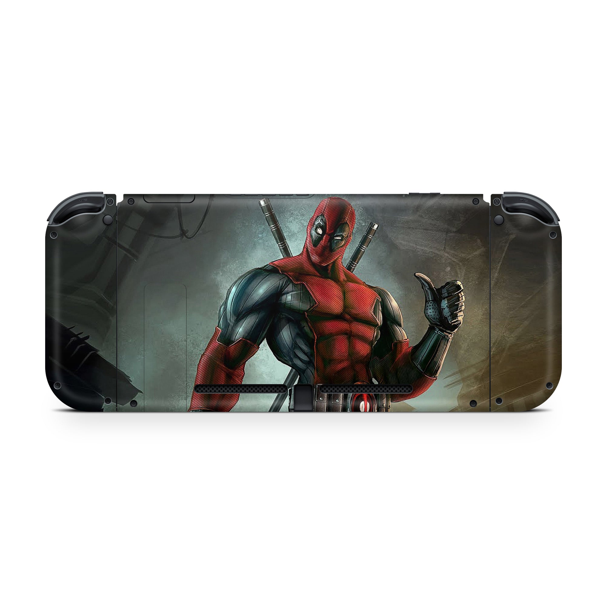 A video game skin featuring a Wisecracking Mercenary 7 design for the Nintendo Switch OLED.