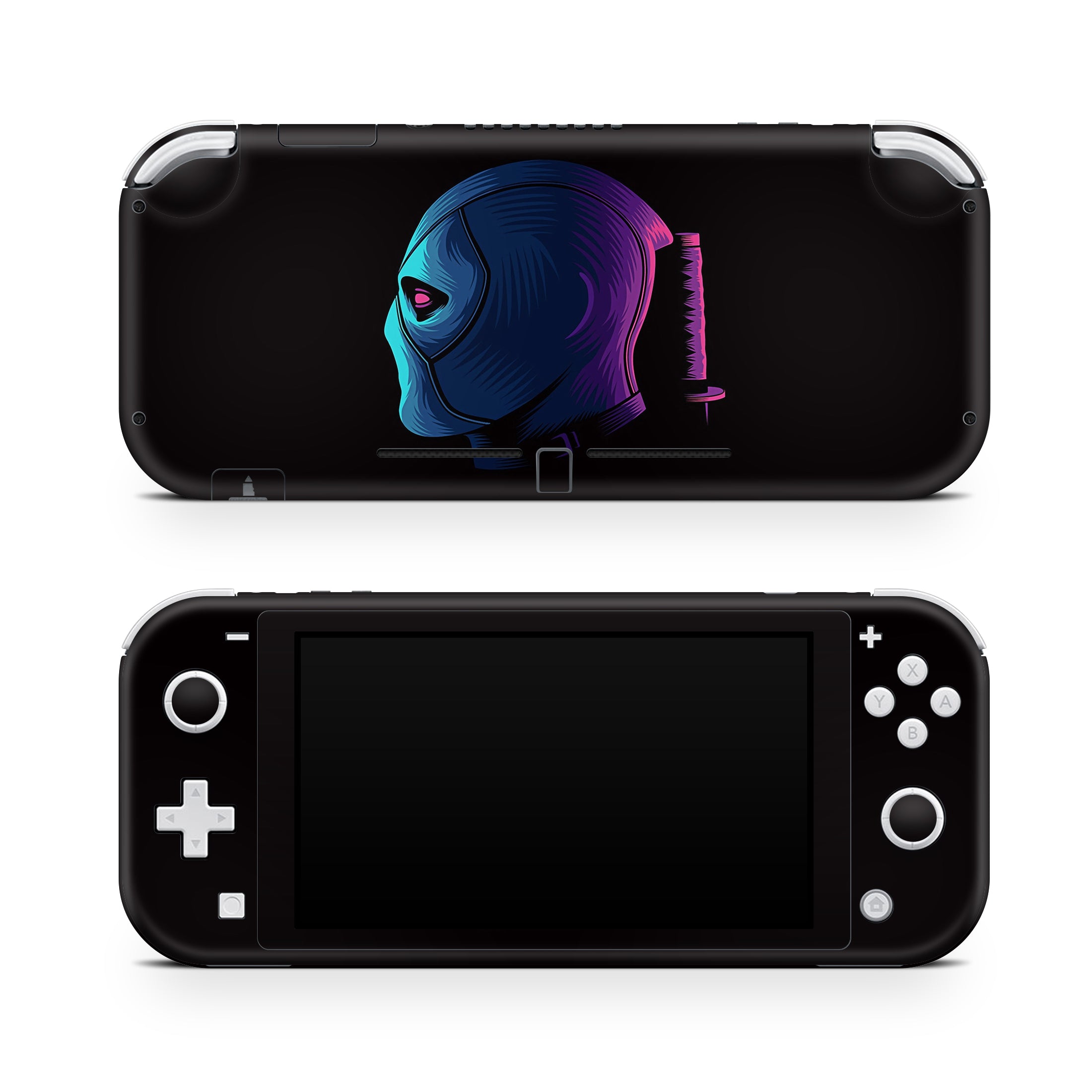 A video game skin featuring a Wisecracking Mercenary 9 design for the Nintendo Switch Lite.