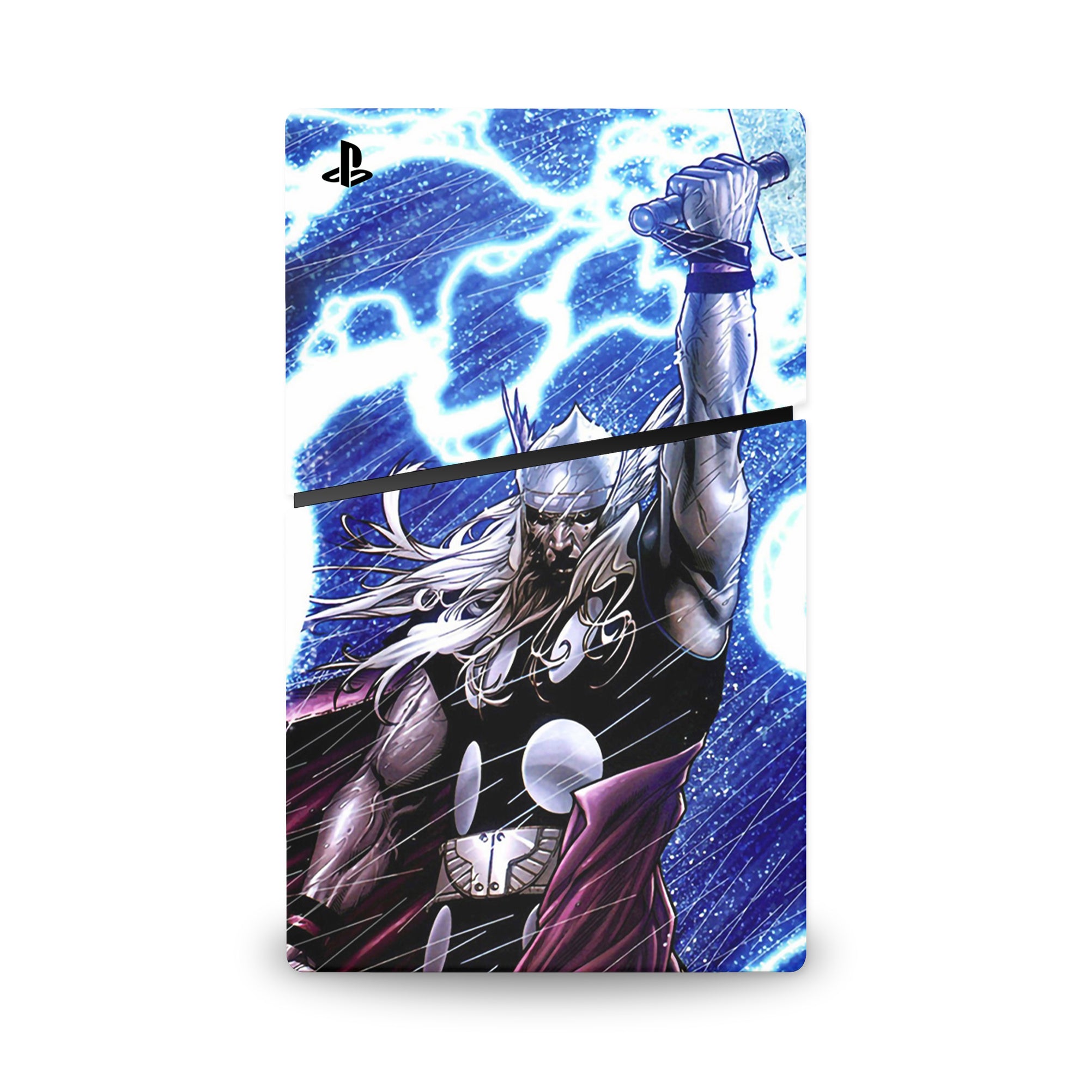 A video game skin featuring a God of Thunder 6 design for the PS5 Digital Slim.