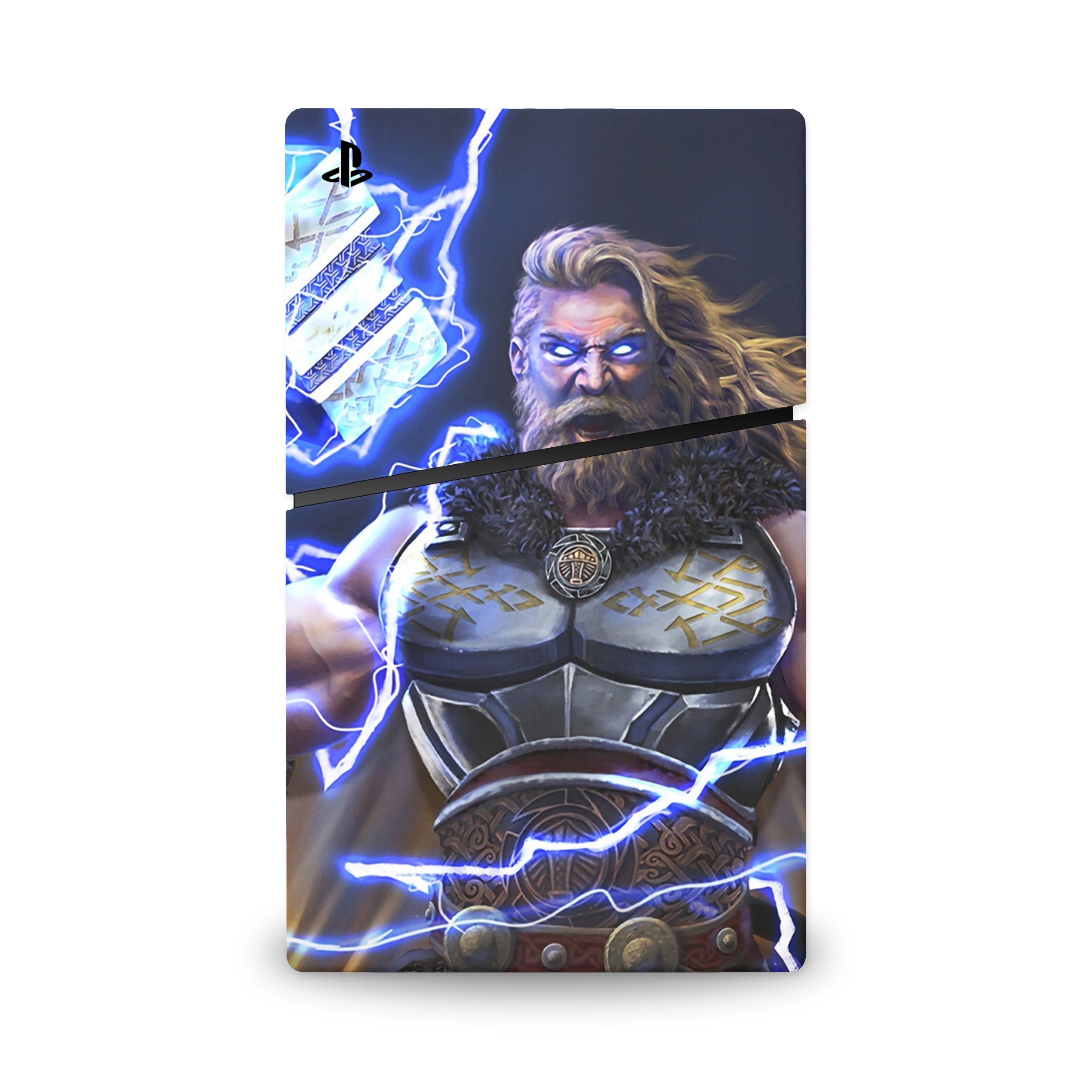 A video game skin featuring a God of Thunder 12 design for the PS5 Slim.