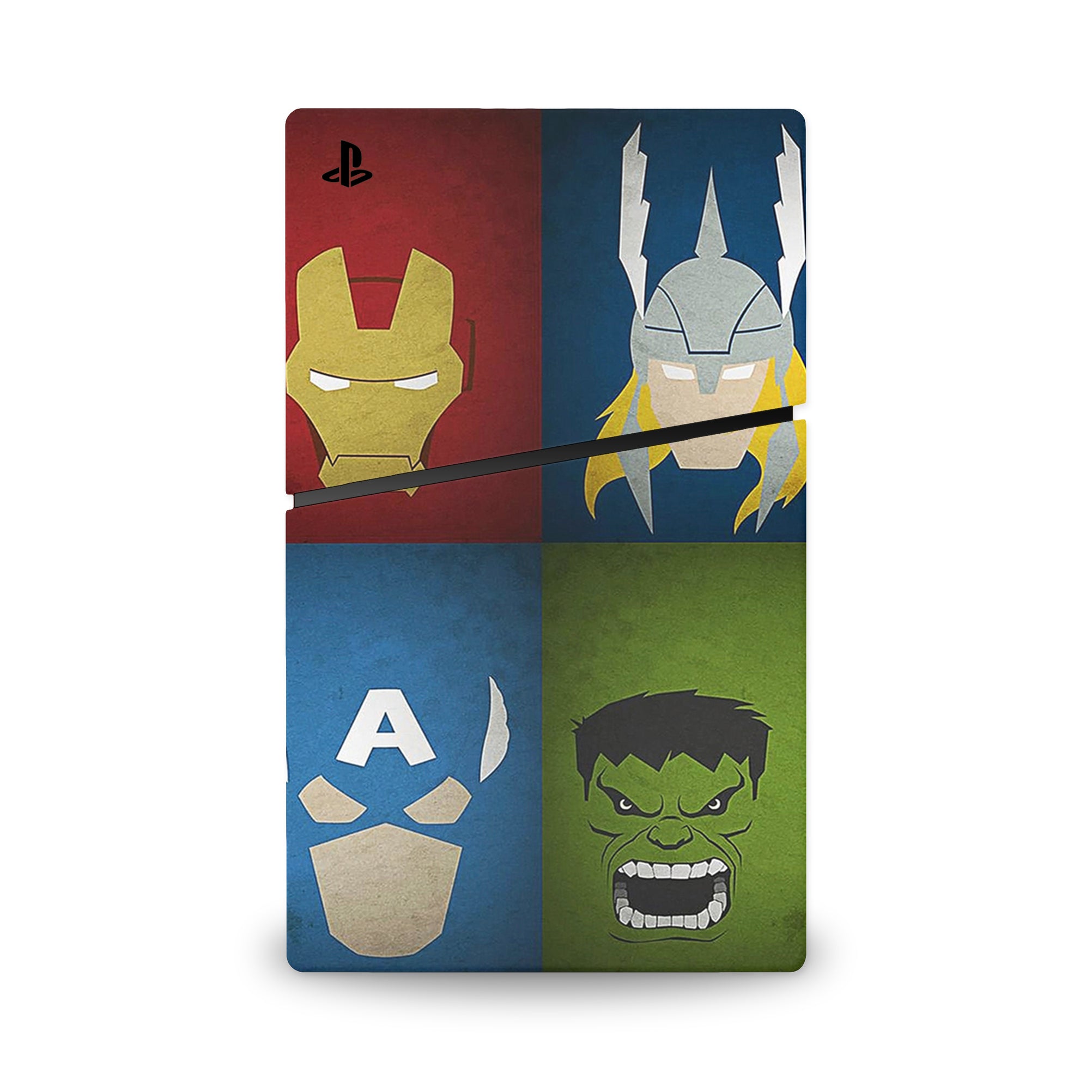 A video game skin featuring a Earth's Mightiest Heroes 1 design for the PS5 Slim.