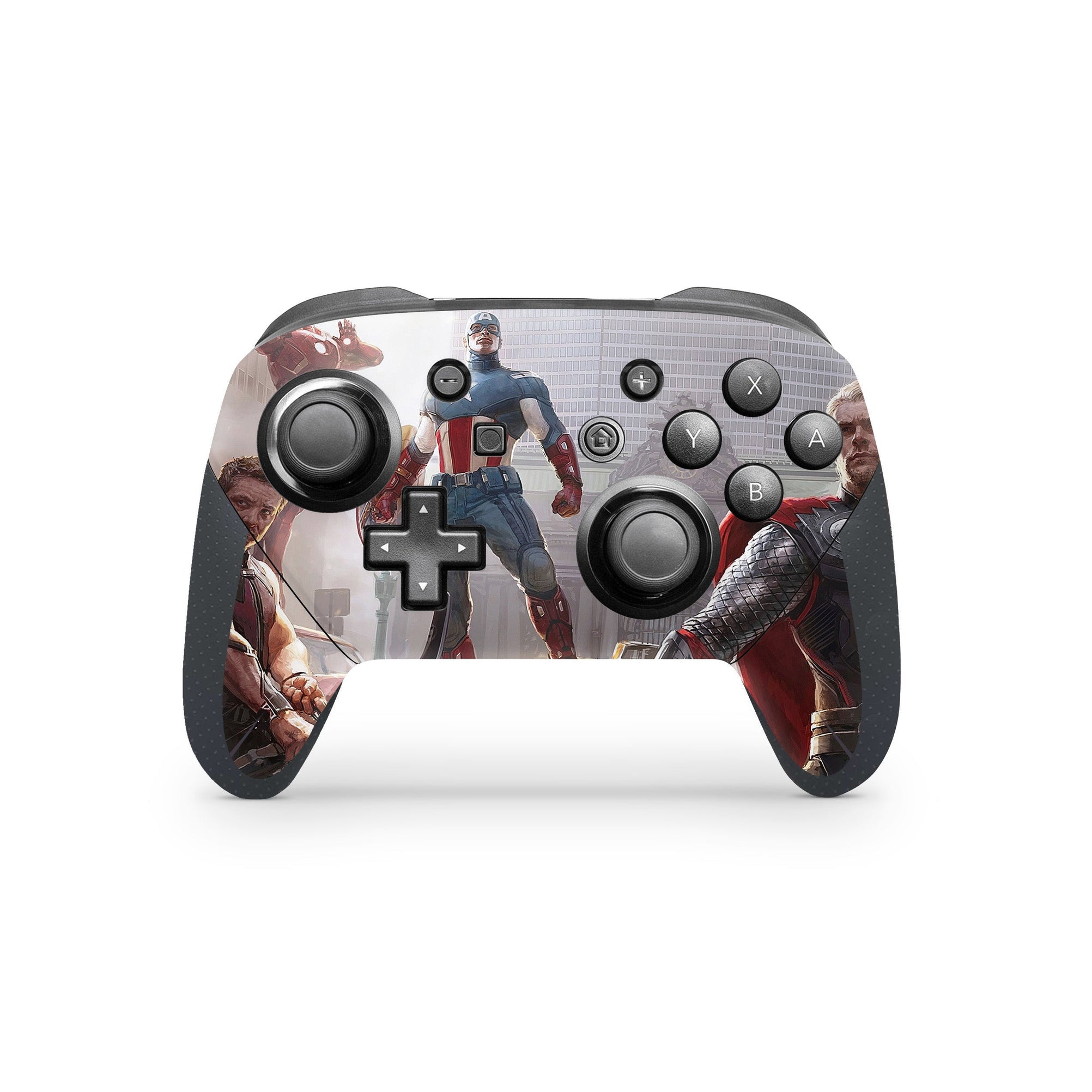 A video game skin featuring a Earth's Mightiest Heroes 2 design for the Nintendo Switch Pro Controller.