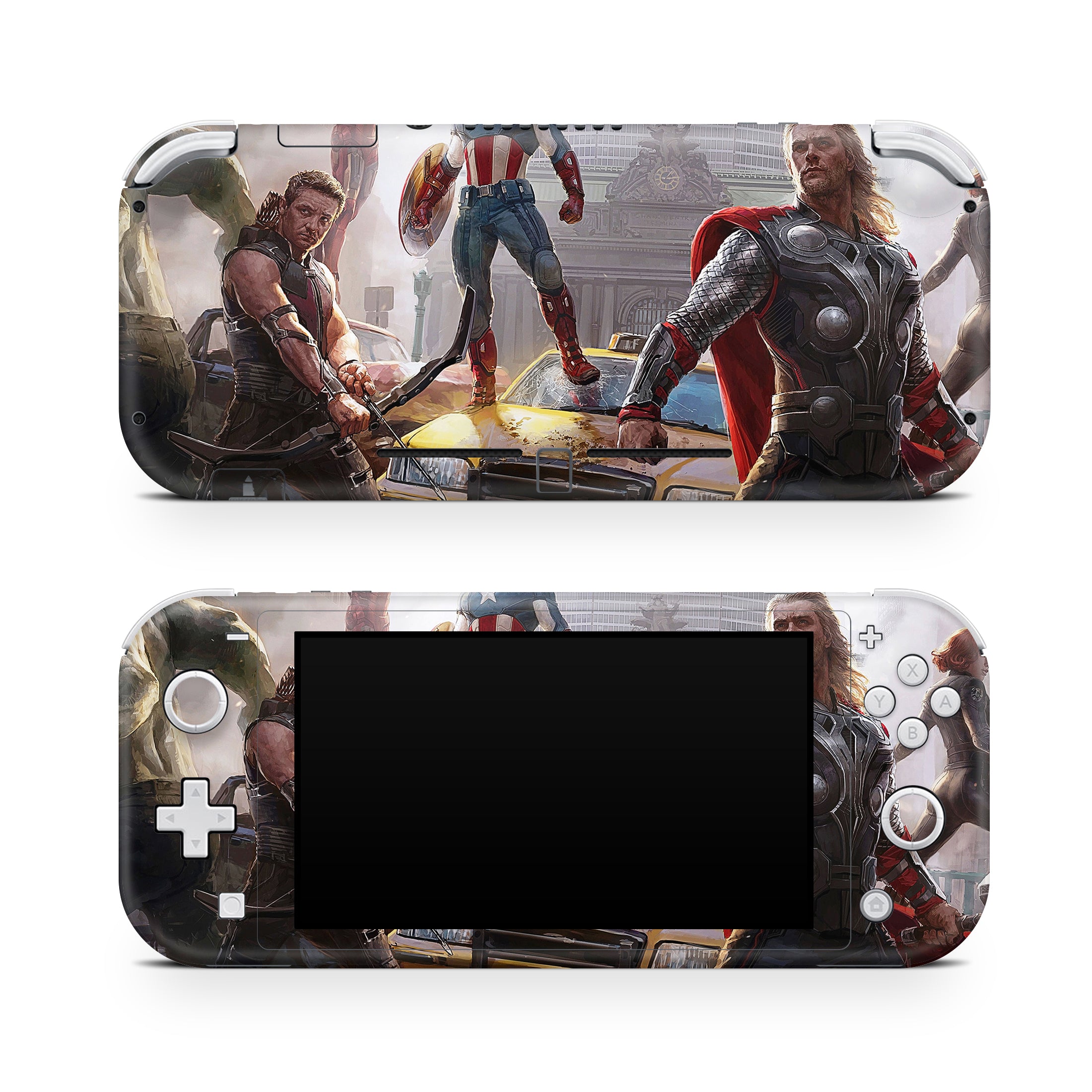 A video game skin featuring a Earth's Mightiest Heroes 2 design for the Nintendo Switch Lite.