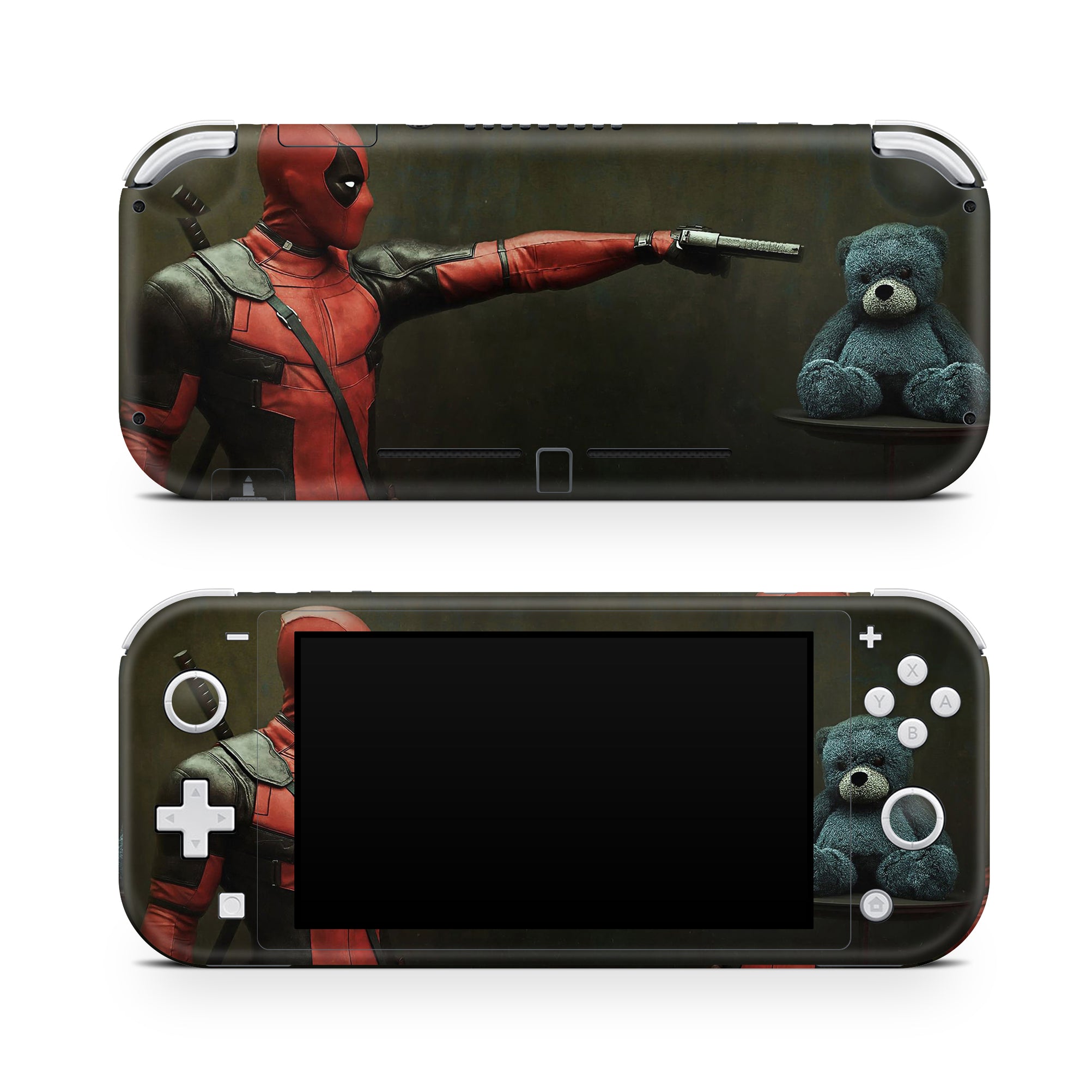 A video game skin featuring a Wisecracking Mercenary 3 design for the Nintendo Switch Lite.