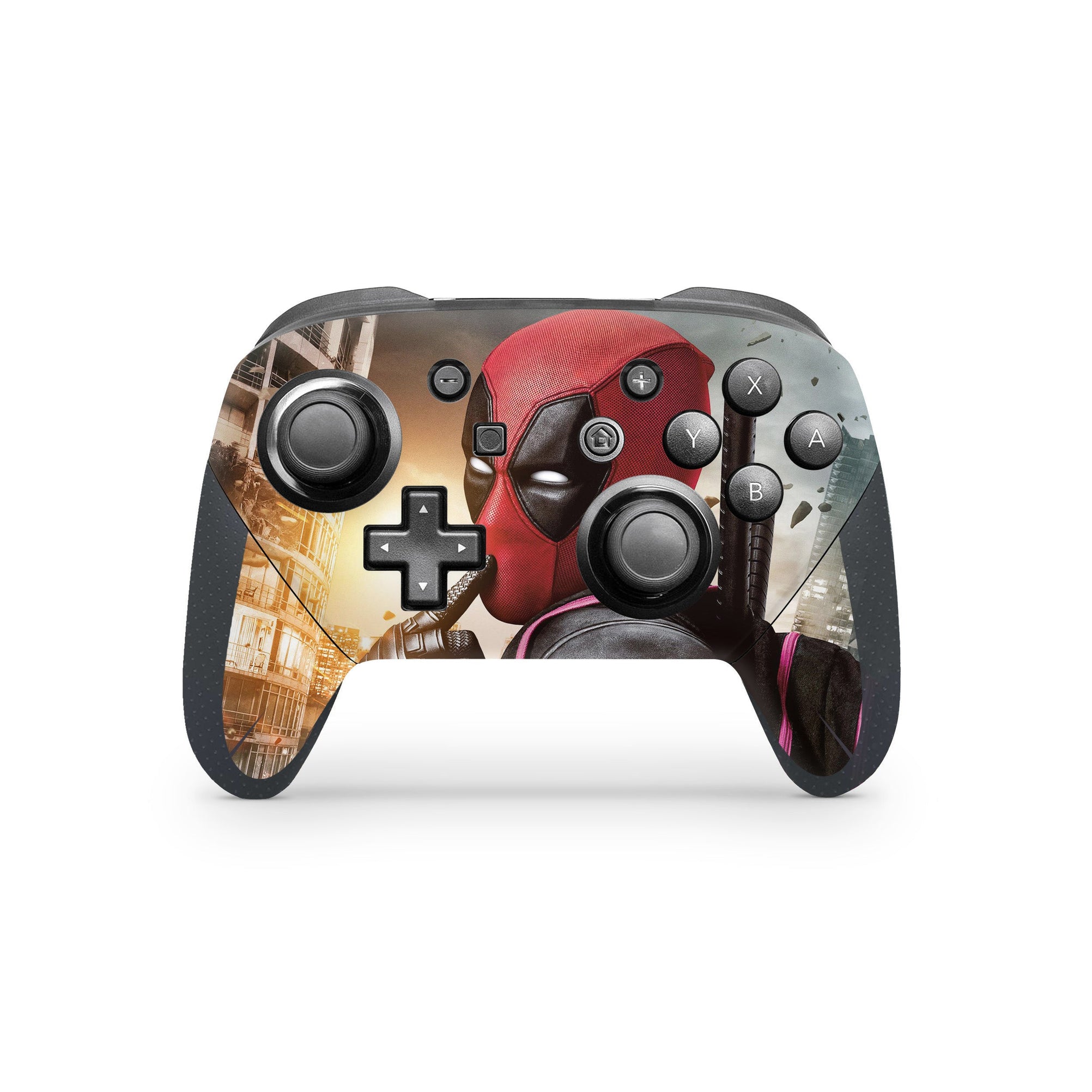 A video game skin featuring a Wisecracking Mercenary 4 design for the Nintendo Switch Pro Controller.