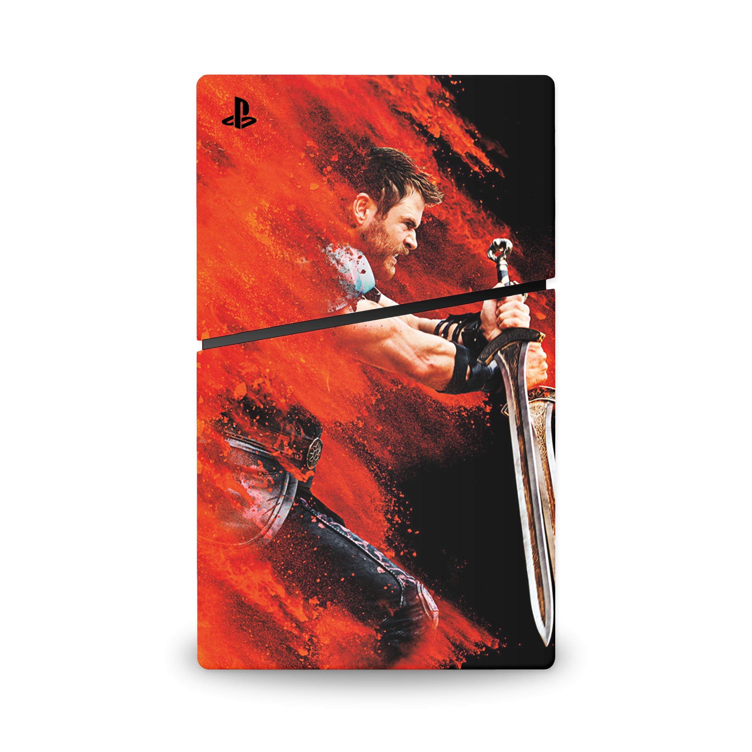 A video game skin featuring a God of Thunder 5 design for the PS5 Slim.