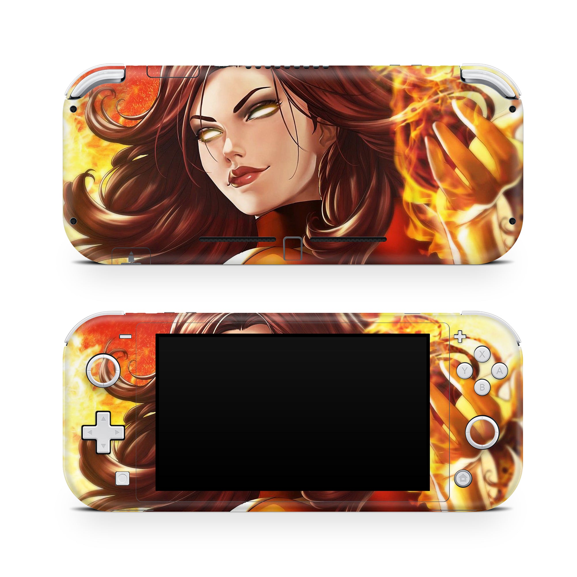 A video game skin featuring a Flaming Avenger 1 design for the Nintendo Switch Lite.