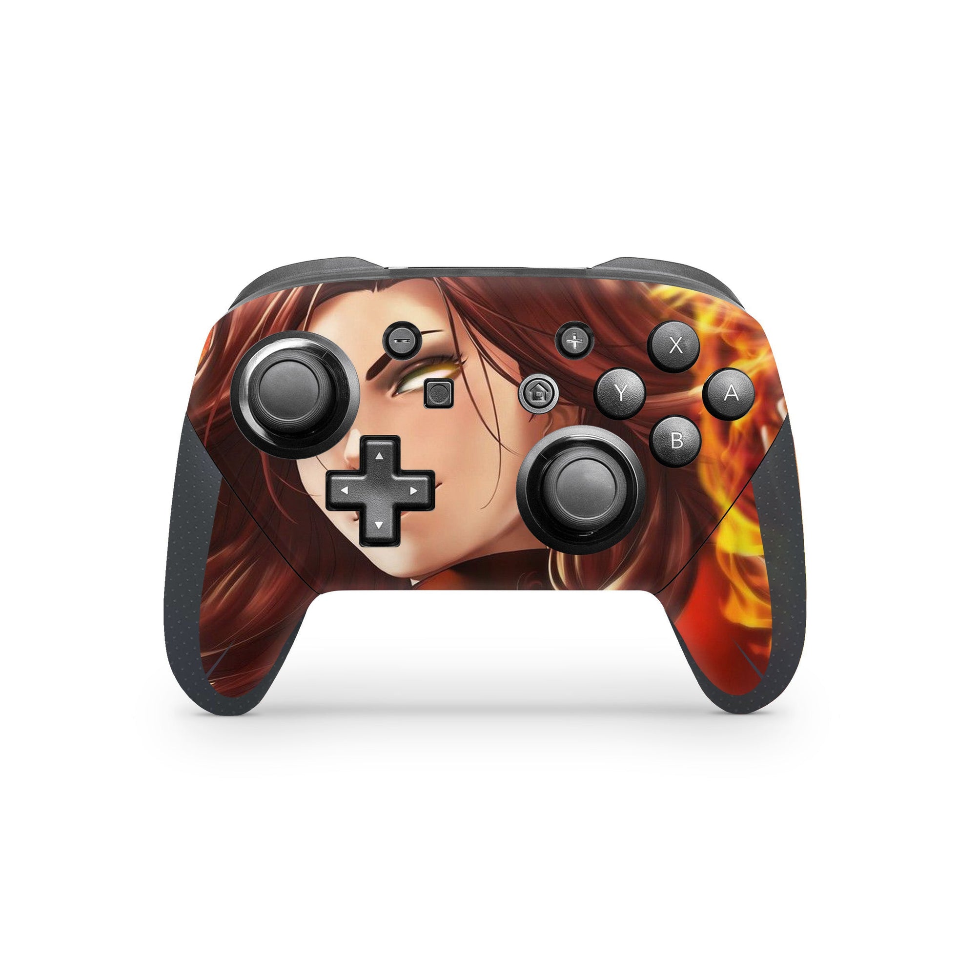 A video game skin featuring a Flaming Avenger 1 design for the Nintendo Switch Pro Controller.