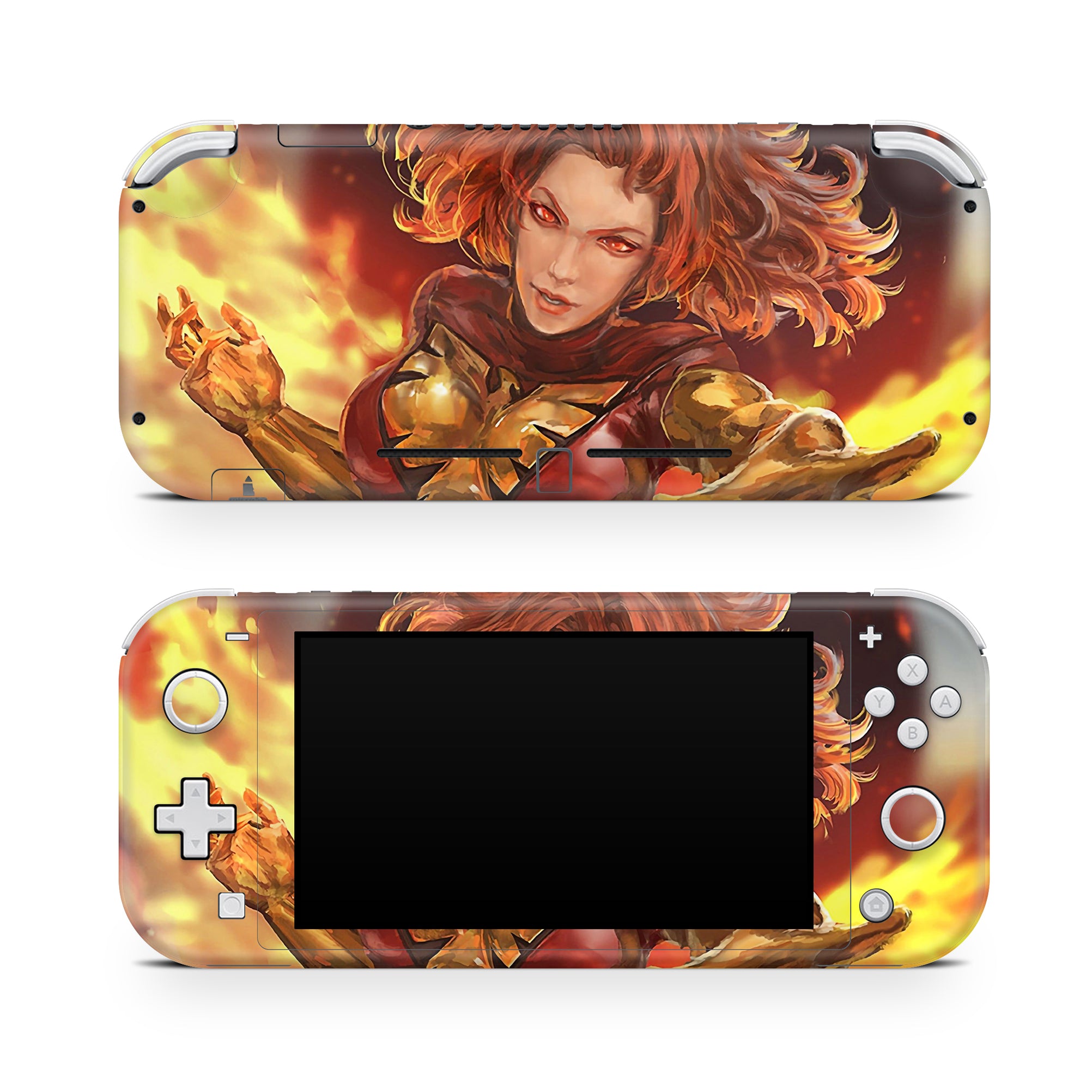 A video game skin featuring a Flaming Avenger 3 design for the Nintendo Switch Lite.