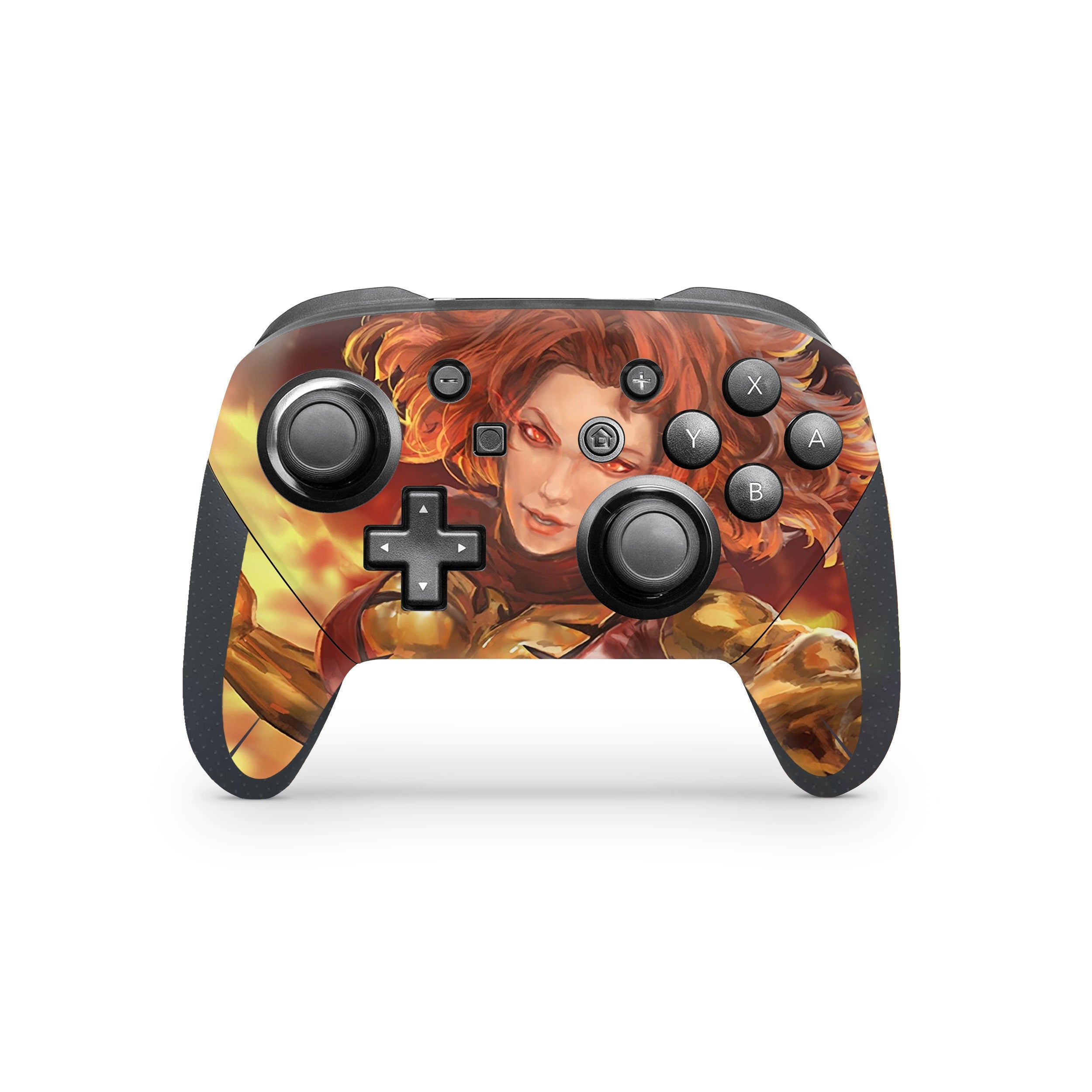 A video game skin featuring a Flaming Avenger 3 design for the Nintendo Switch Pro Controller.