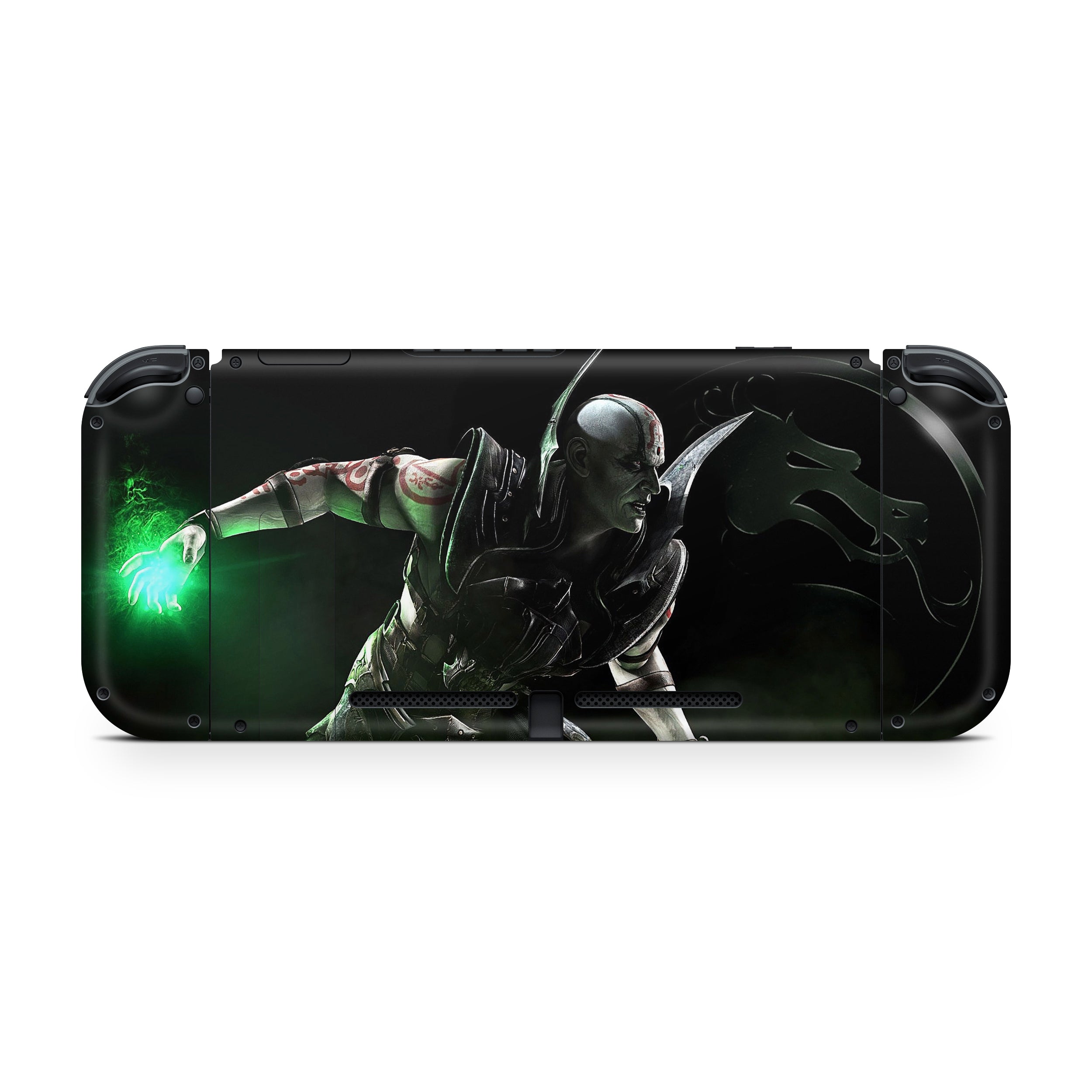 A video game skin featuring a Dark Necromancer design for the Nintendo Switch OLED.