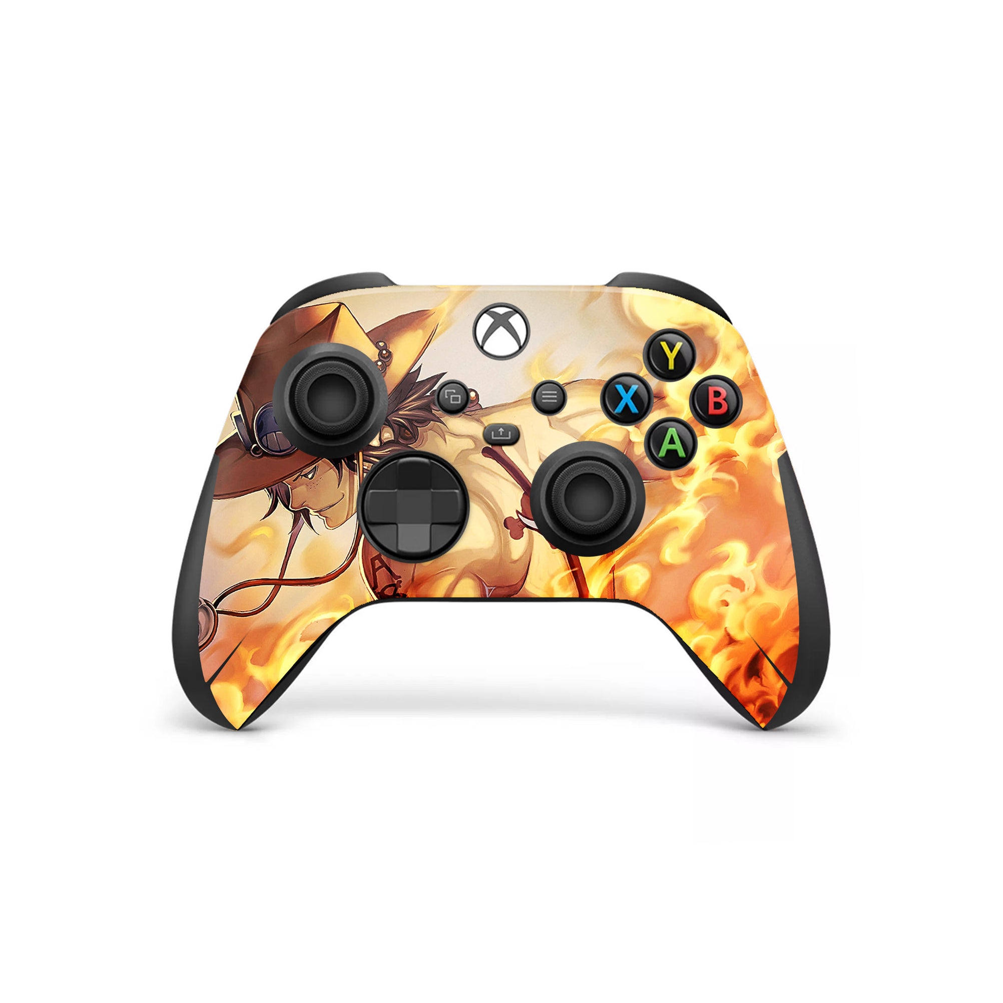 A video game skin featuring a Fire Fist Ace design for the Xbox Series Wireless Controller.