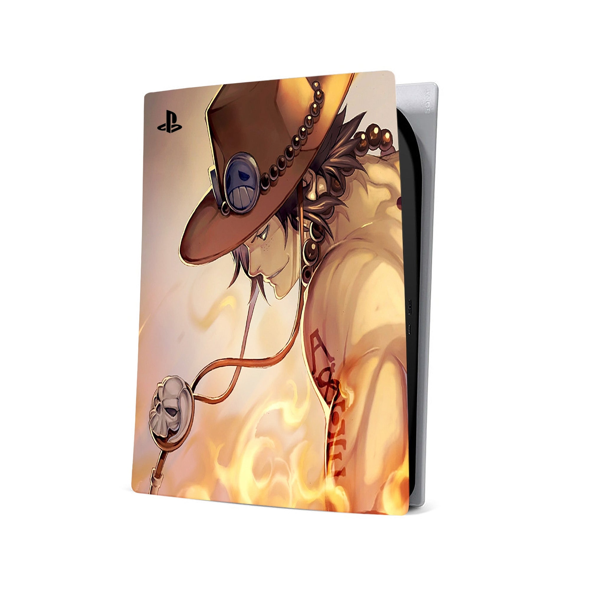 A video game skin featuring a Fire Fist Ace design for the PS5 Digital.