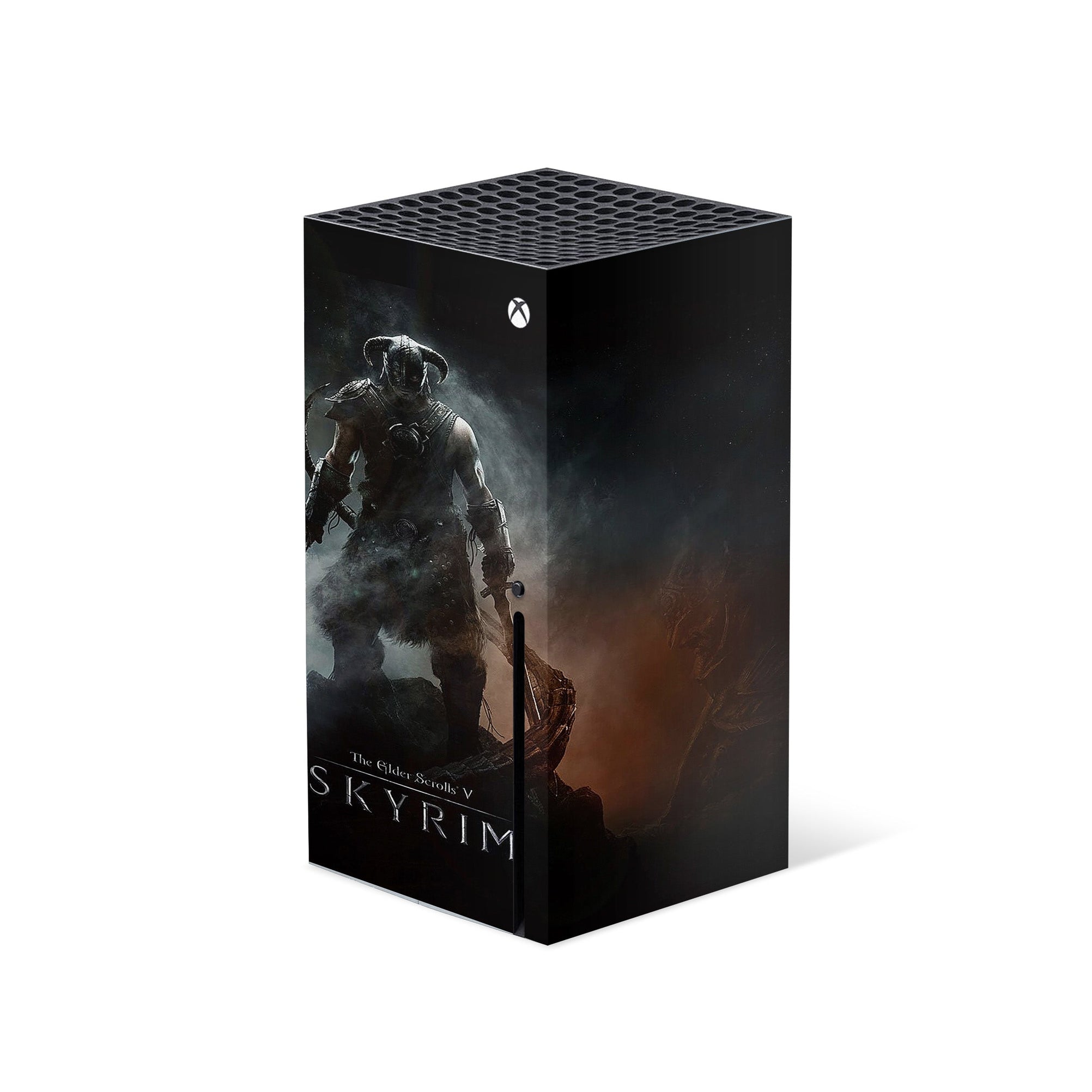 A video game skin featuring a Dragonborn Saga design for the Xbox Series X.