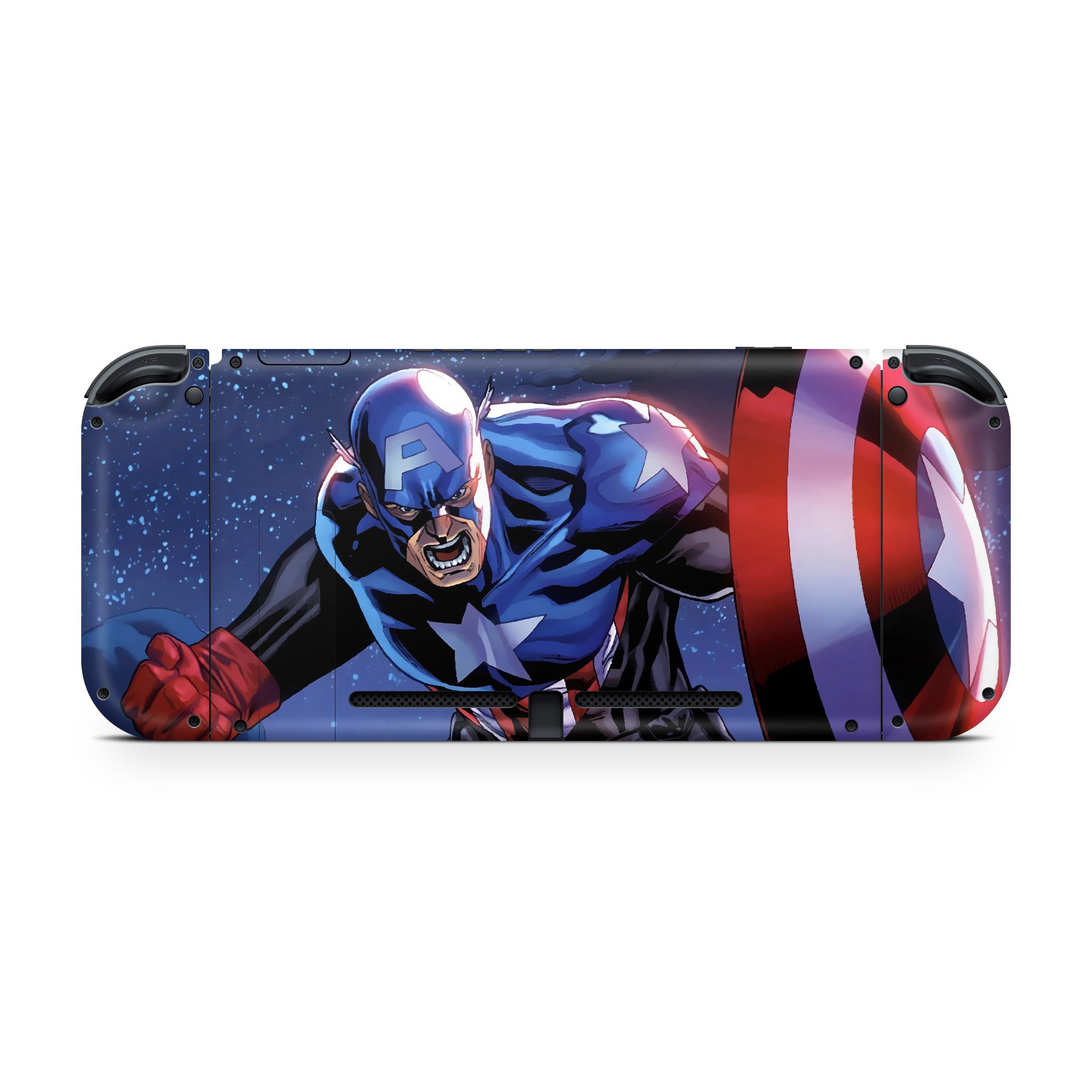 A video game skin featuring a Marvel Comics Captain America design for the Nintendo Switch.