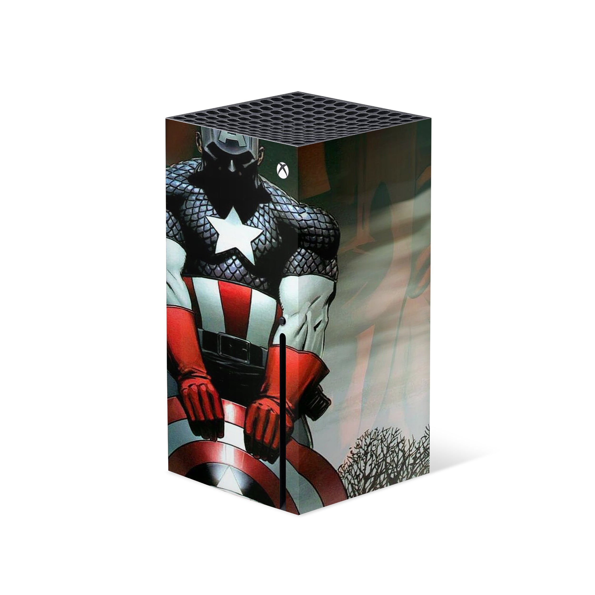 A video game skin featuring a Marvel Comics Captain America design for the Xbox Series X.