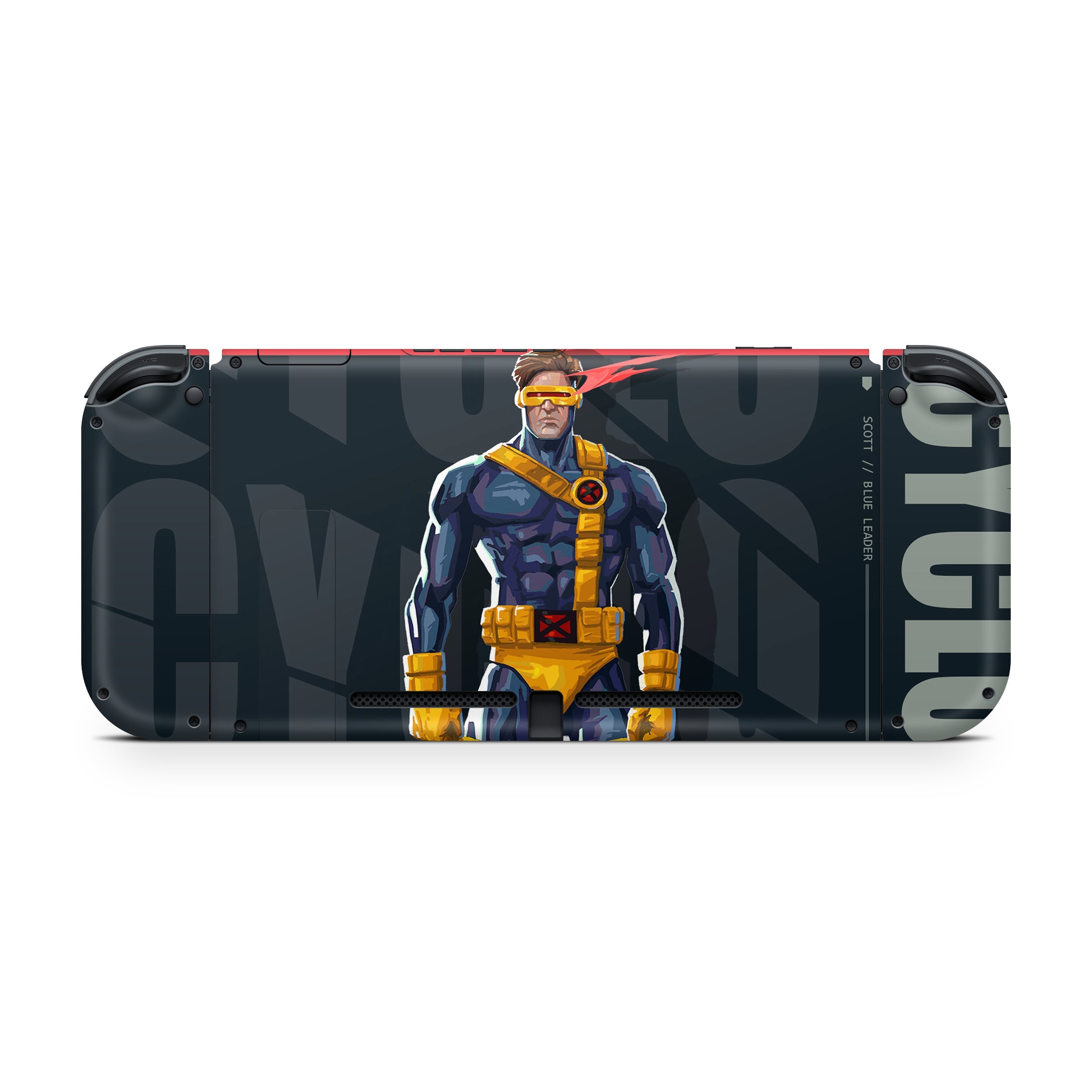 A video game skin featuring a Marvel Comics X Men Cyclops design for the Nintendo Switch.