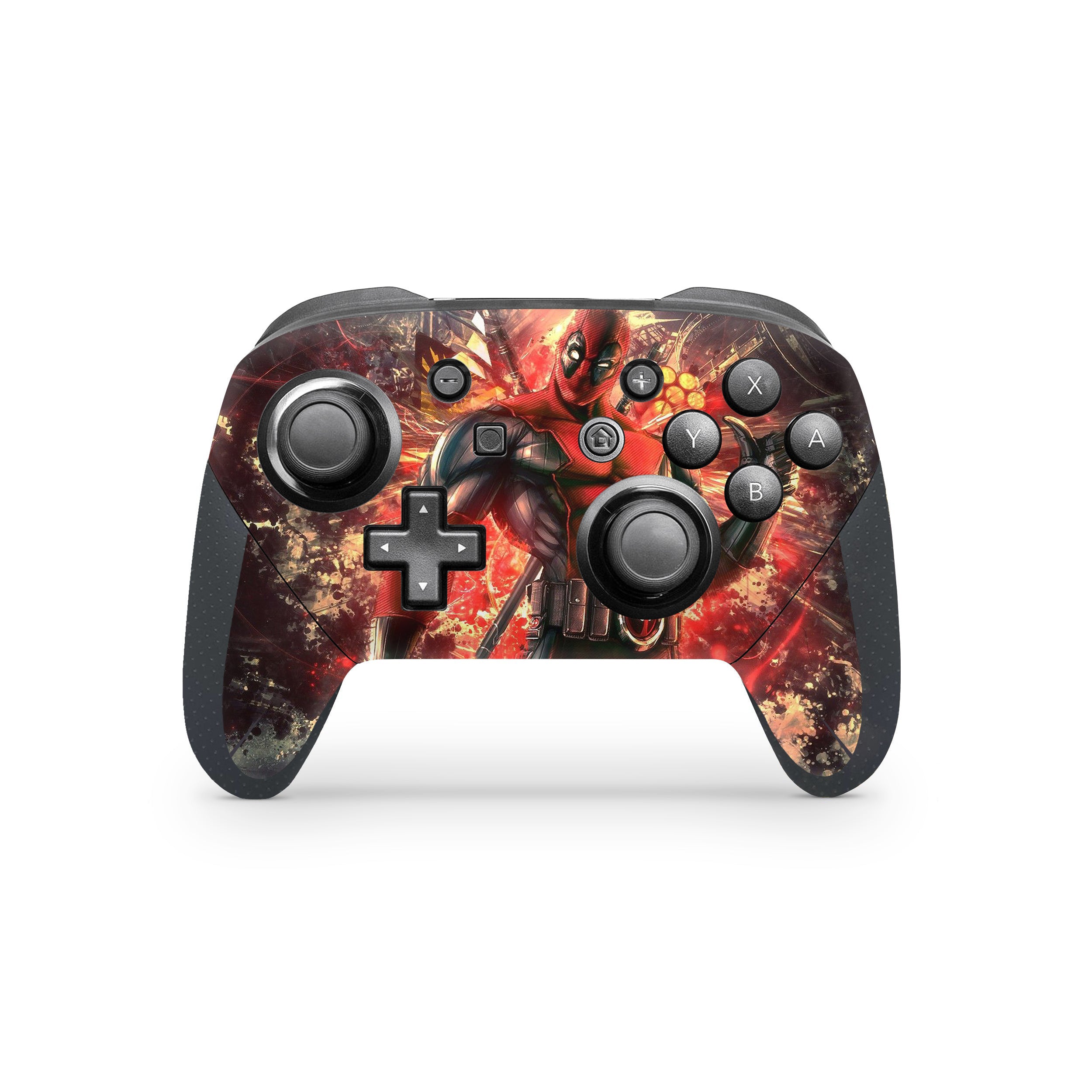 A video game skin featuring a Marvel Dead Pool design for the Switch Pro Controller.