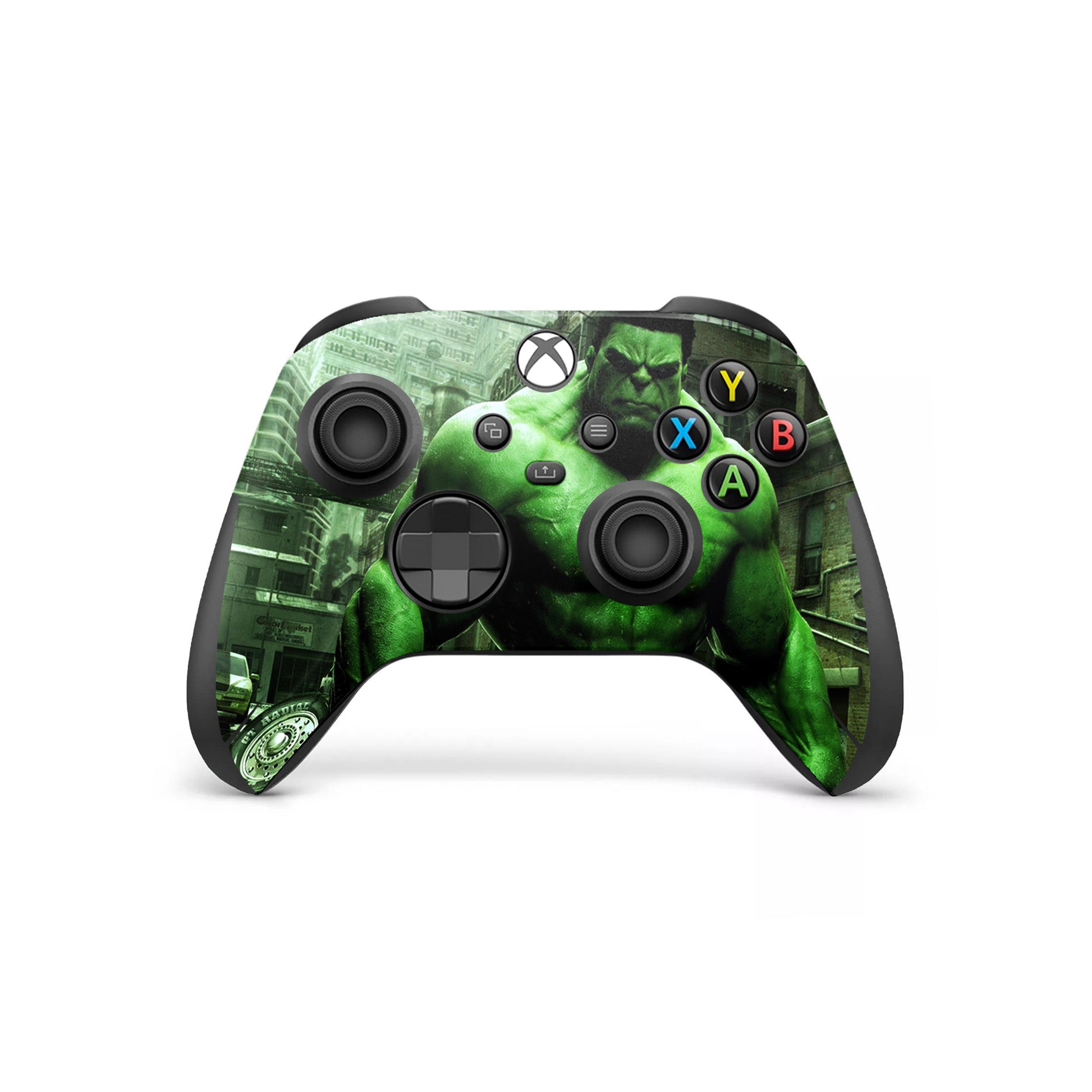 A video game skin featuring a Marvel Hulk design for the Xbox Wireless Controller.