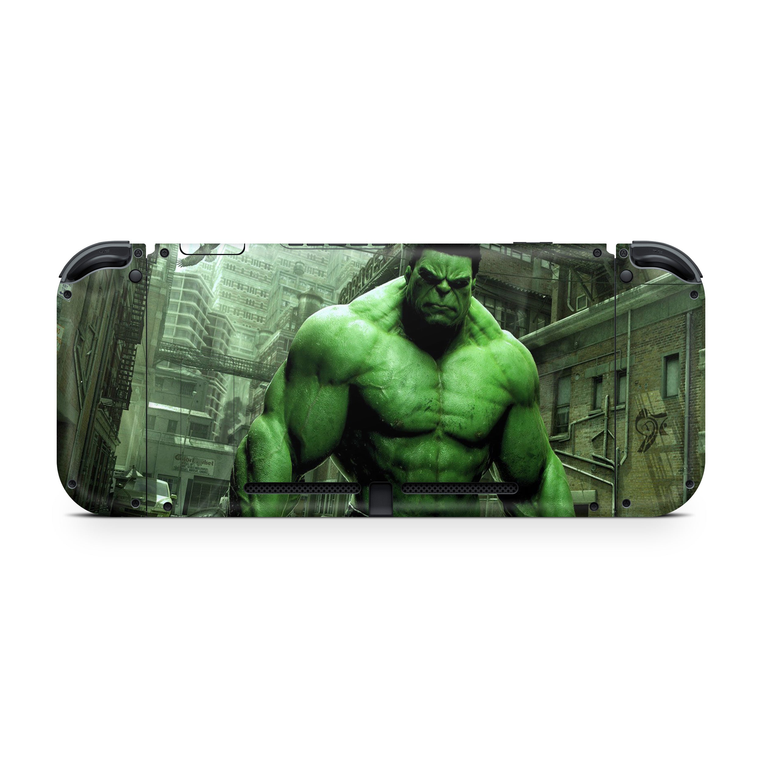 A video game skin featuring a Marvel Hulk design for the Nintendo Switch.