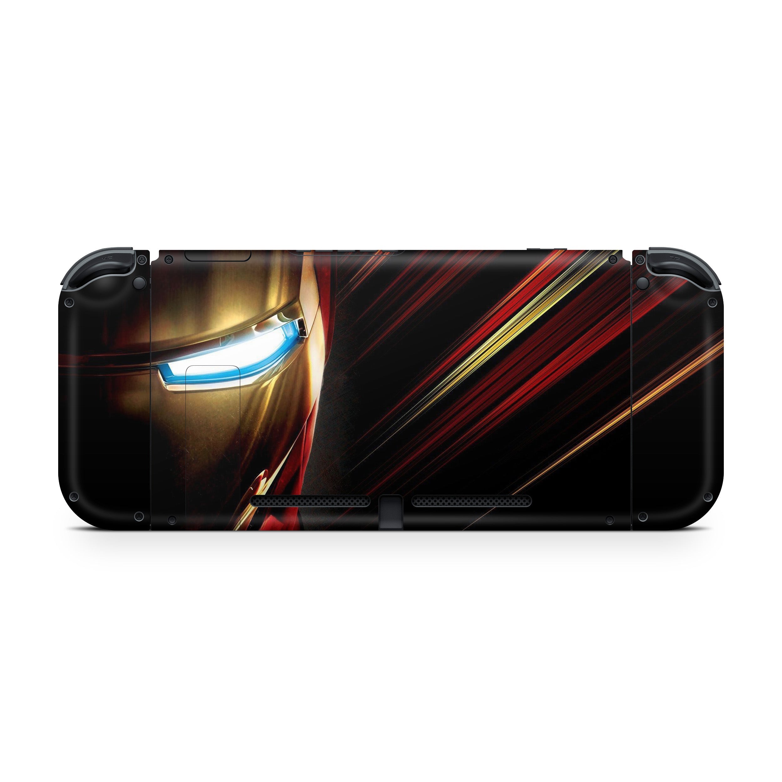 A video game skin featuring a Marvel Iron Man design for the Nintendo Switch.