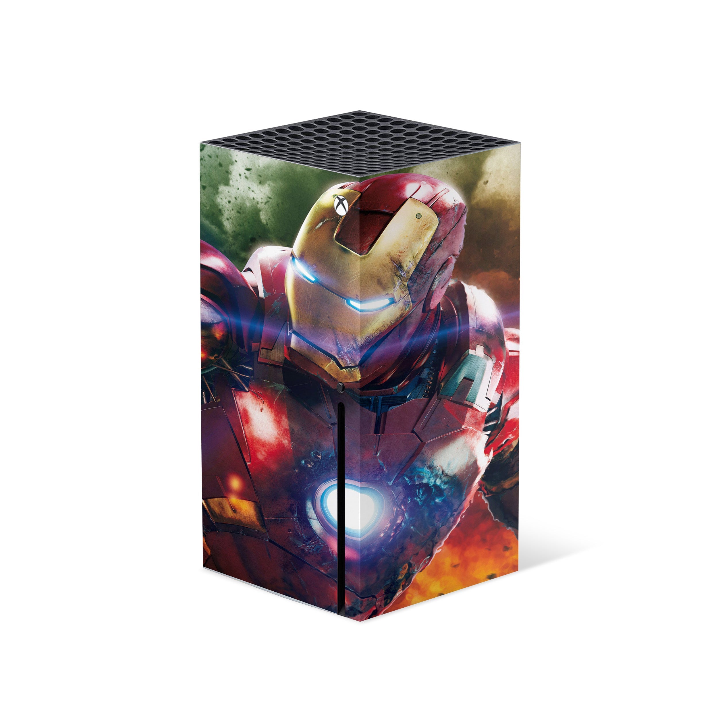 A video game skin featuring a Marvel Iron Man design for the Xbox Series X.