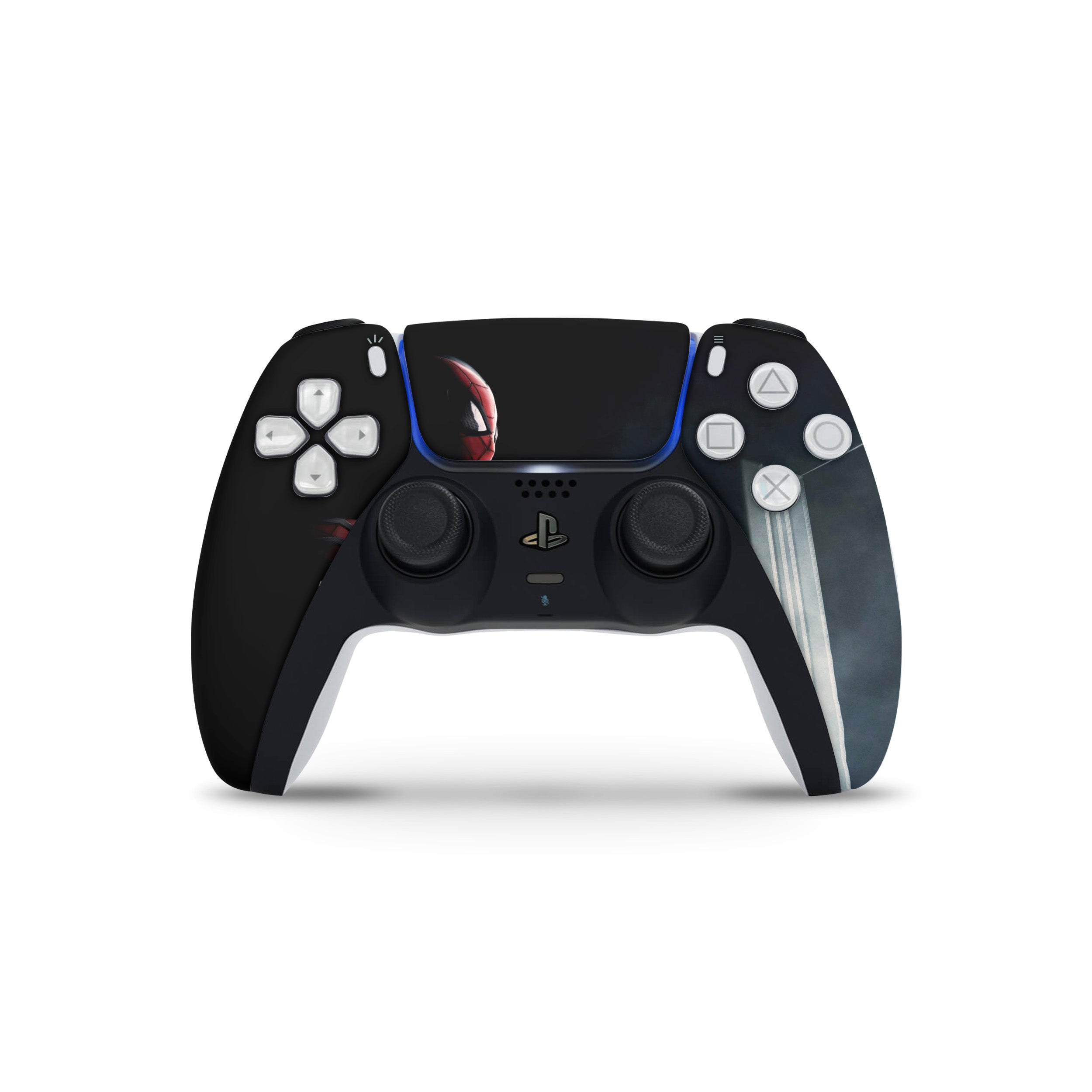 A video game skin featuring a Marvel Spiderman design for the PS5 DualSense Controller.